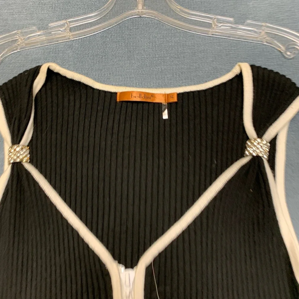 Belldini Knit Top Womens XL Black White Ribbed Sleeveless Outdoor Zip Front